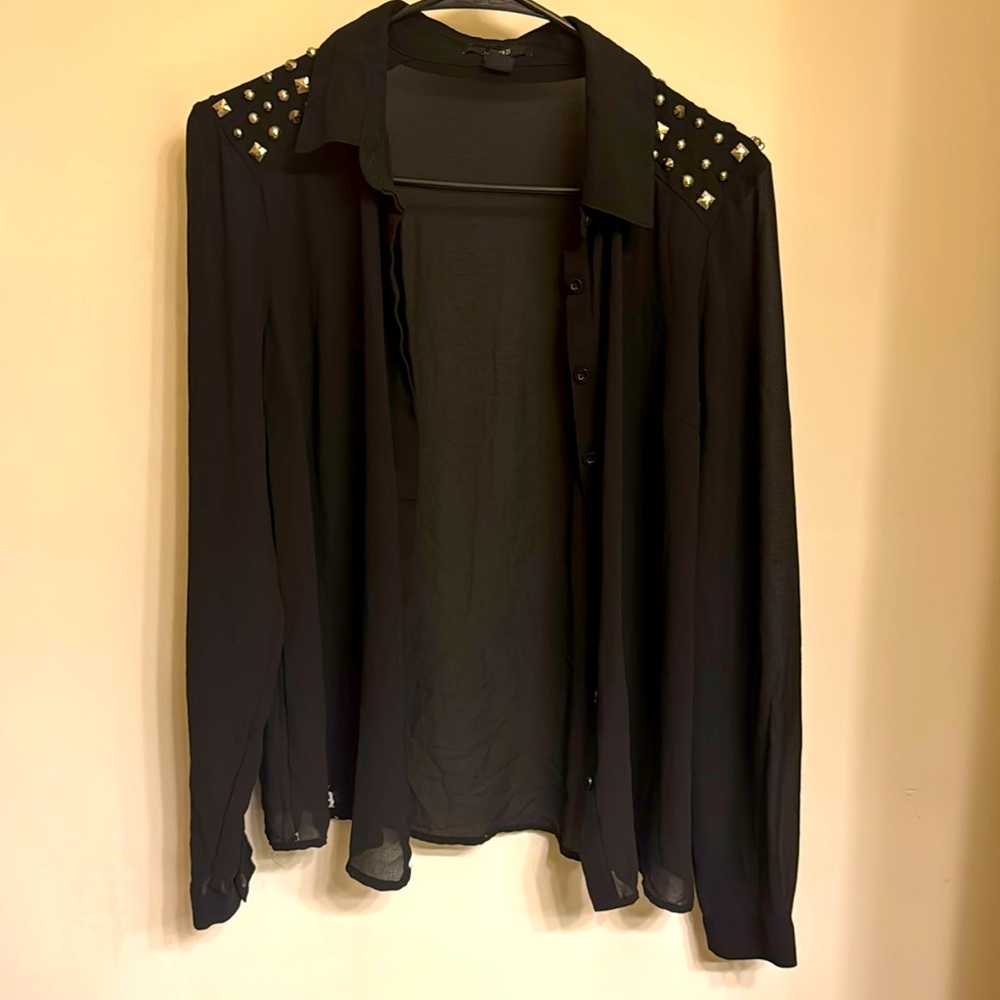 Black sheer button down with studs on shoulders